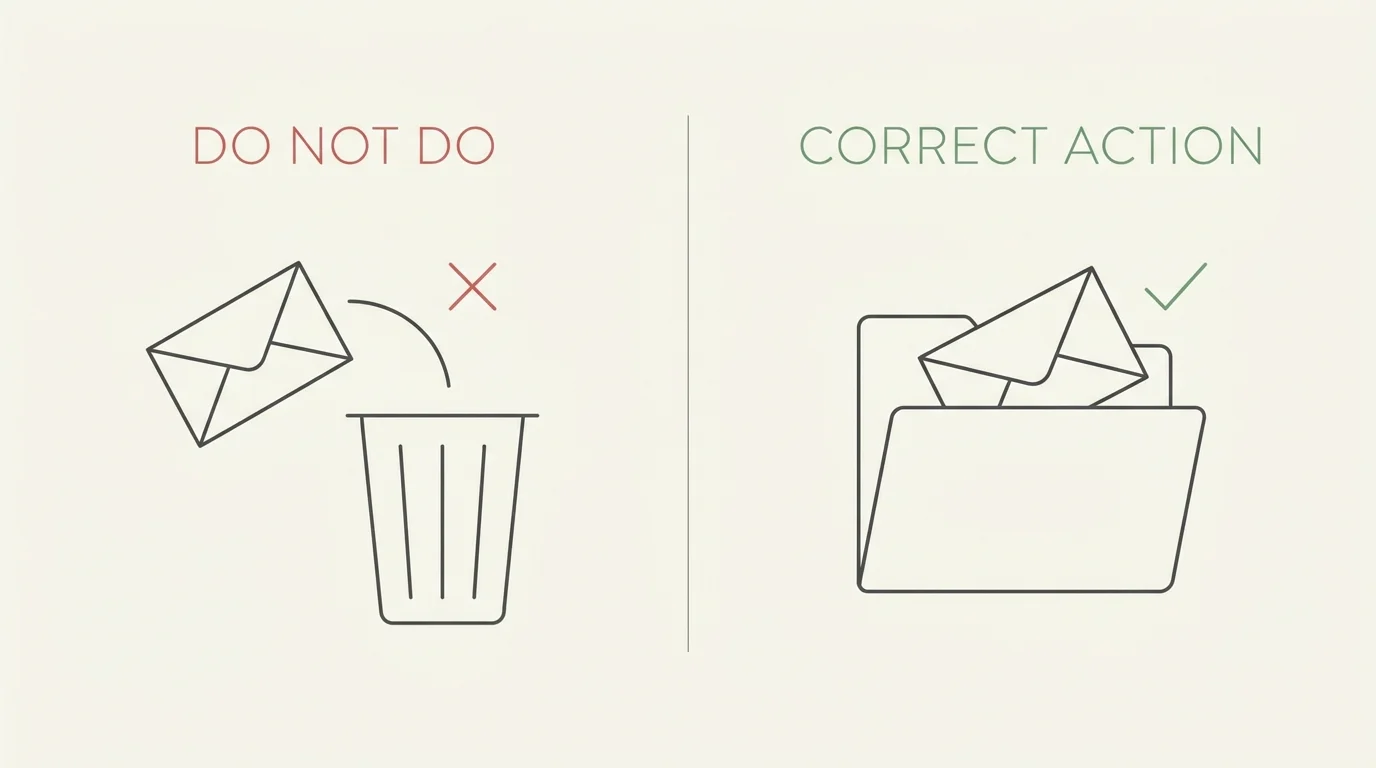 A comparative line-art diagram showing the wrong action (tossing mail) versus the correct action (filing it safely).