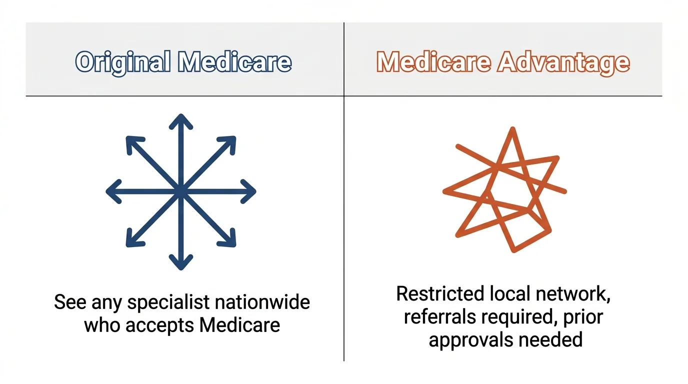 A comparison chart contrasting Original Medicare's nationwide specialist access with Medicare Advantage's restricted local networks.
