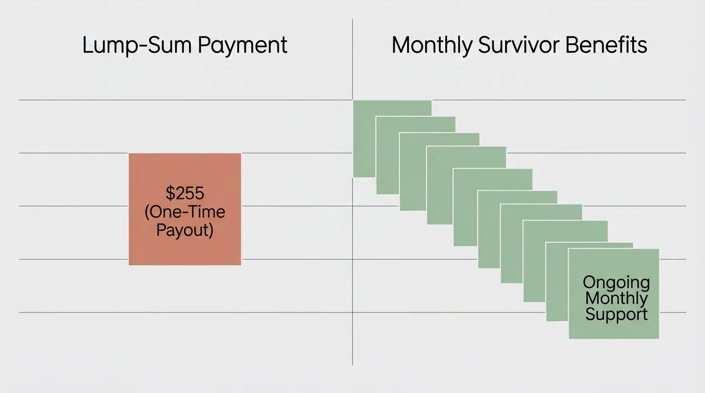 A comparison diagram showing a single block for the lump-sum payment versus a continuous series of blocks for monthly survivor benefits.