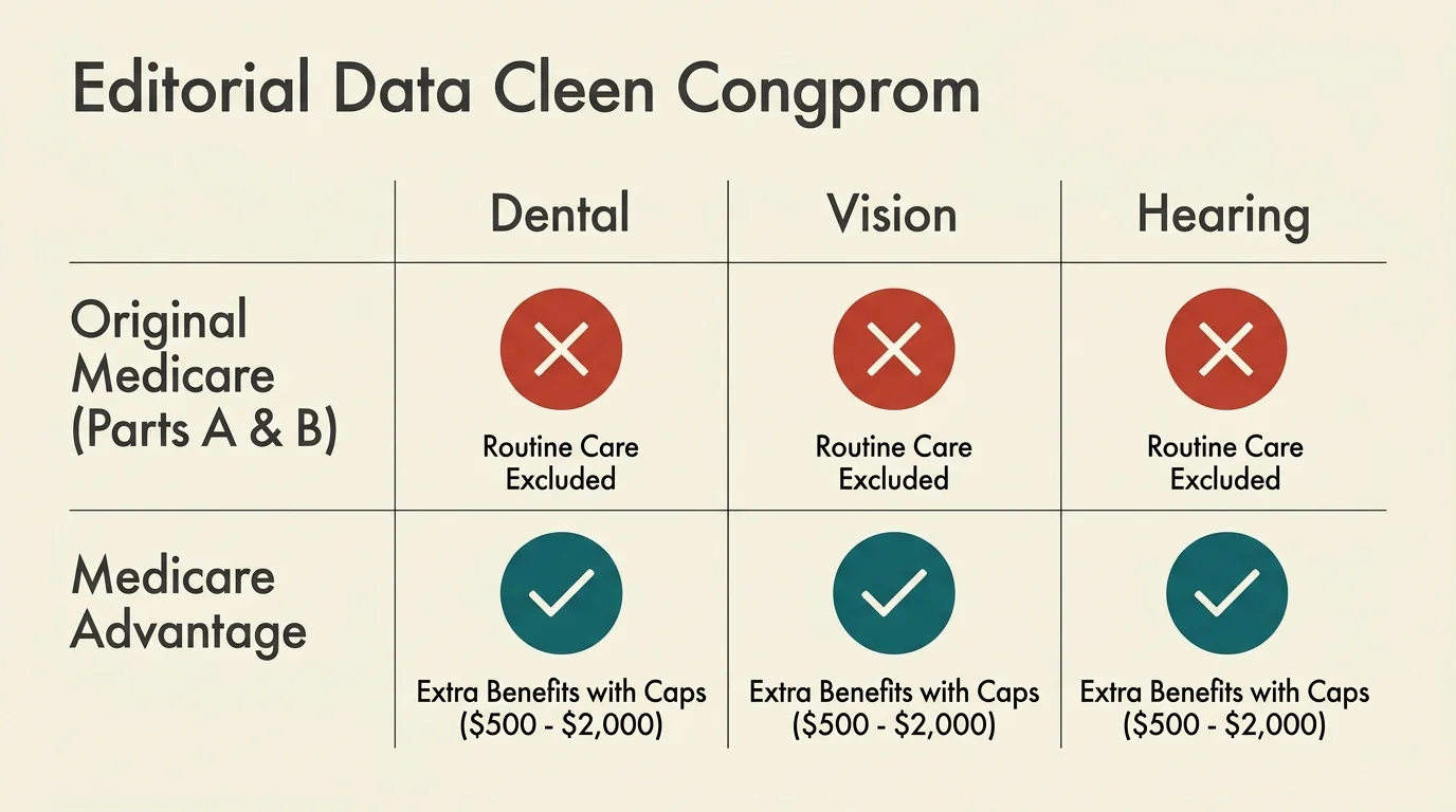 A comparison diagram showing routine dental, vision, and hearing exclusions under Original Medicare versus Advantage plans.