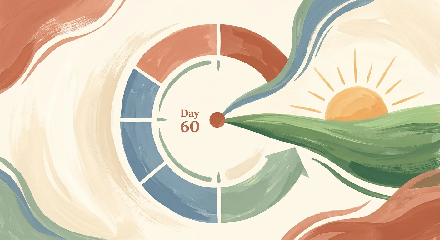 A conceptual gouache illustration of a circular path resetting at Day 60, opening into a sunlit green field.