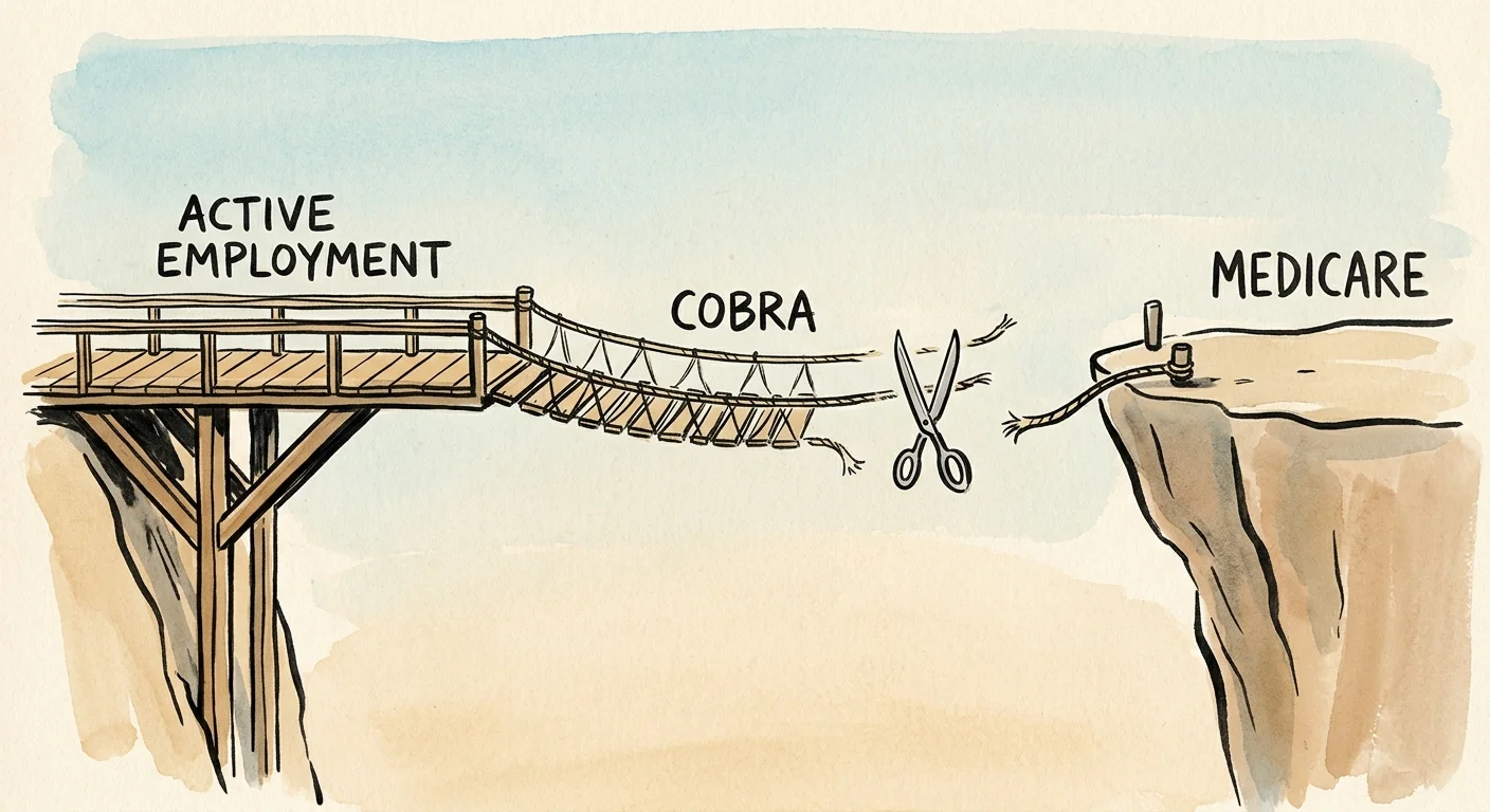 A conceptual ink and watercolor drawing showing a bridge labeled COBRA ending in a gap before reaching Medicare.