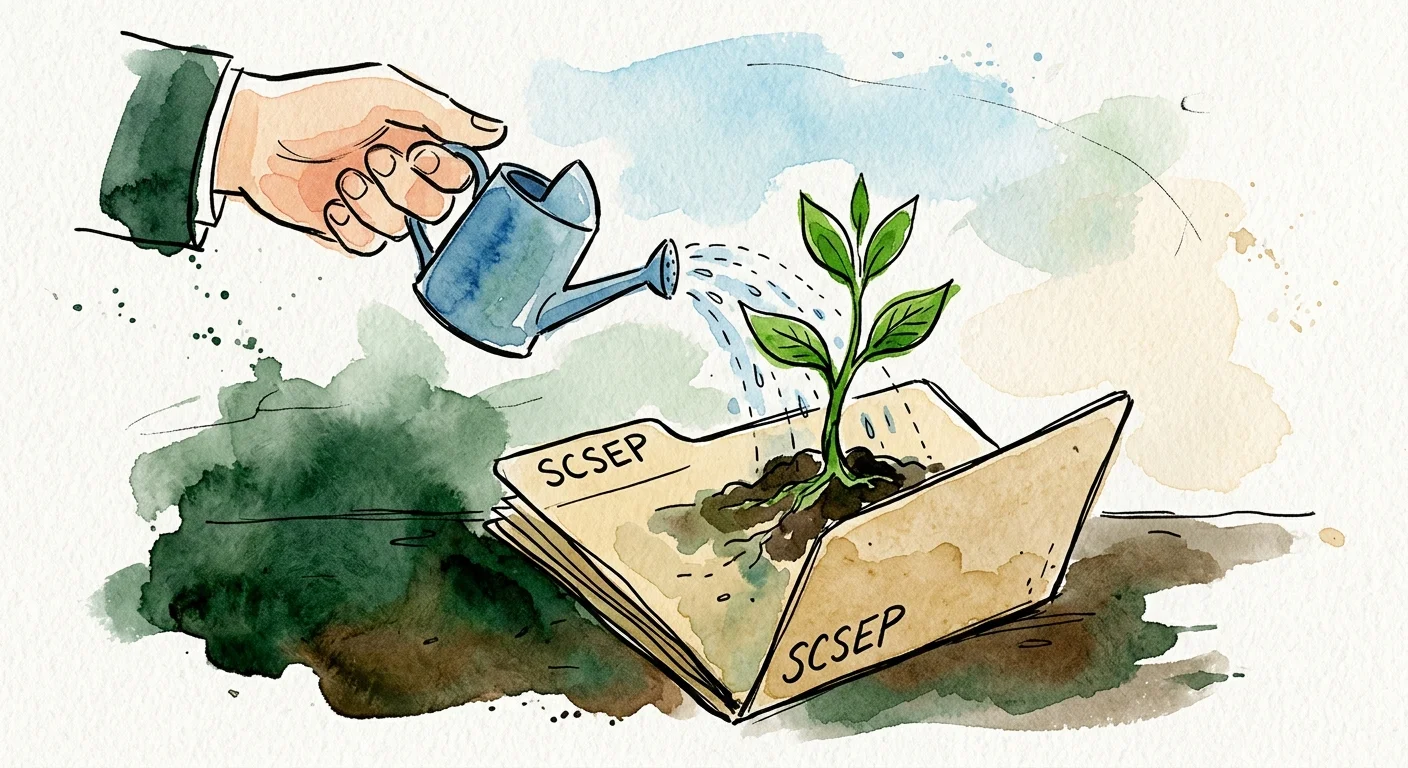 A conceptual watercolor illustration of a hand watering a green plant growing out of a folder labeled SCSEP, representing career growth.