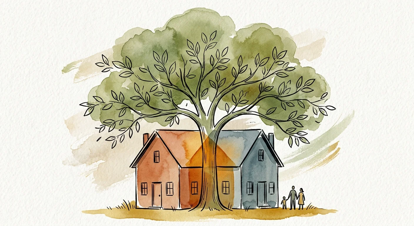 A conceptual watercolor illustration of two overlapping houses under a protective tree, symbolizing spousal security.