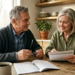 Mature couple sitting at a wooden kitchen table reviewing a calendar and open notebook with a cup of coffee.