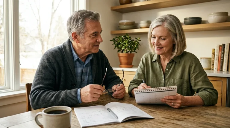 Mature couple sitting at a wooden kitchen table reviewing a calendar and open notebook with a cup of coffee.