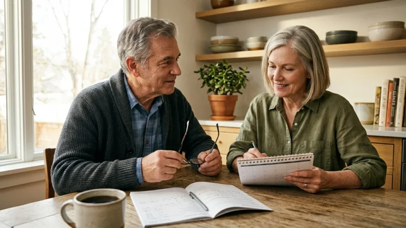 Mature couple sitting at a wooden kitchen table reviewing a calendar and open notebook with a cup of coffee.