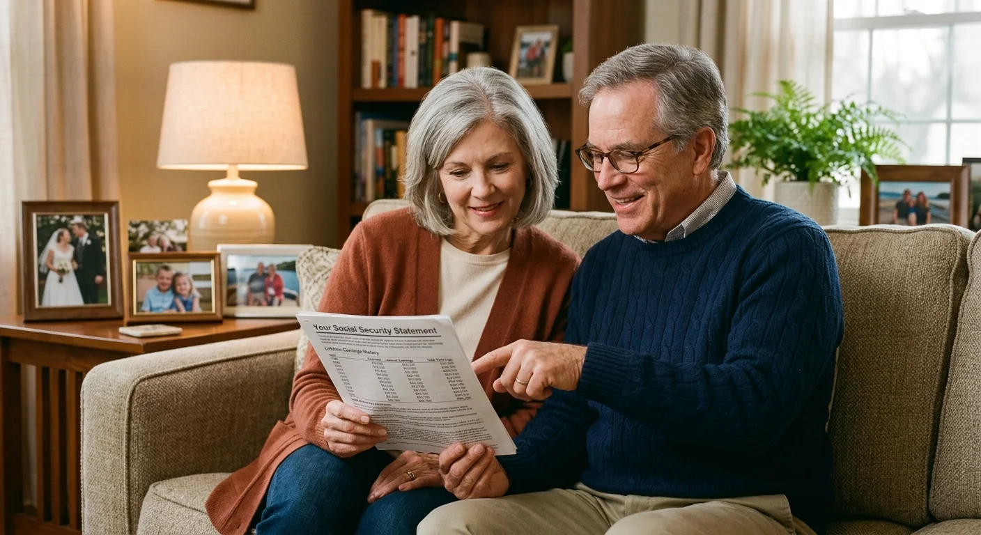 A couple sits together on a couch, reviewing their lifetime earnings history on a Social Security Statement.