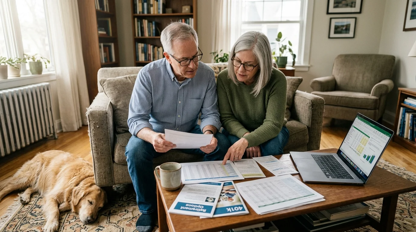 An older couple reviews retirement documents on a coffee table with a laptop open while a dog sleeps nearby.