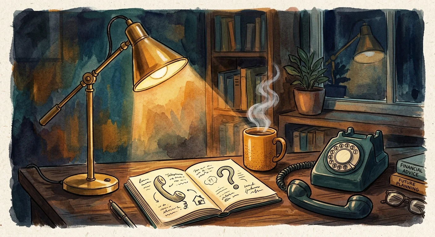 A cozy, warm watercolor illustration of a home desk at night with a lamp, notebook, and telephone receiver off the hook.