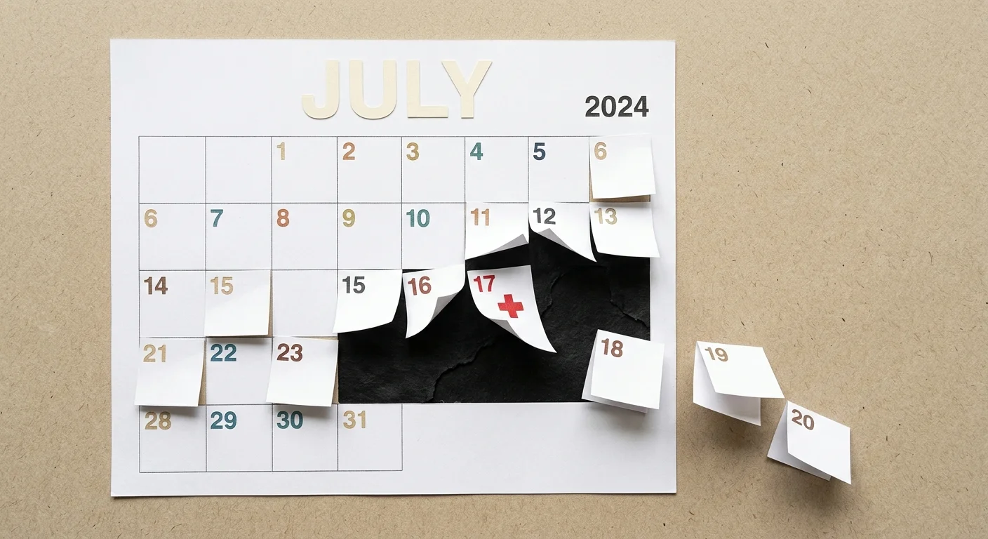 A cut-paper collage of a calendar with days peeling away, symbolizing mid-year contract terminations and disruption.