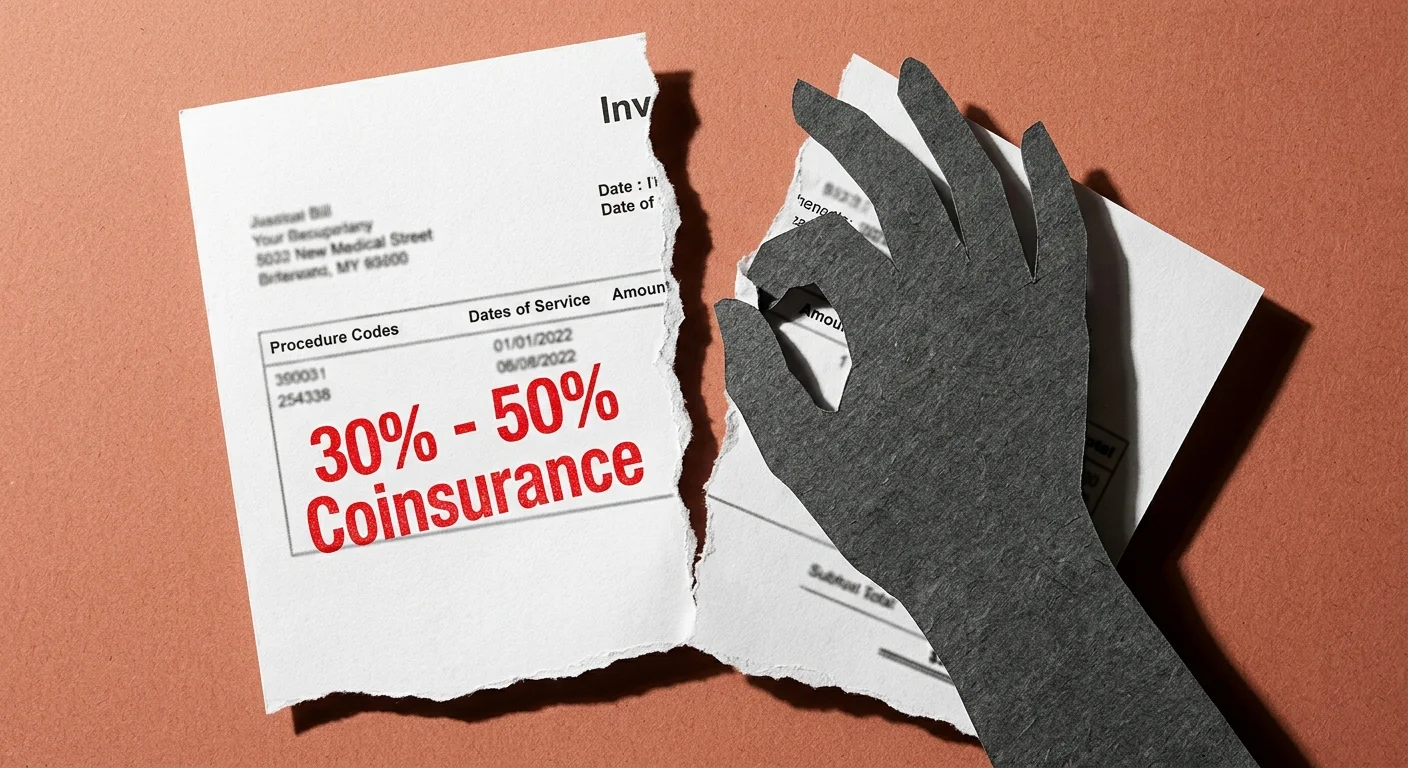 A cut-paper collage of a medical bill being torn in half, highlighting a bold 30 to 50 percent coinsurance fee.