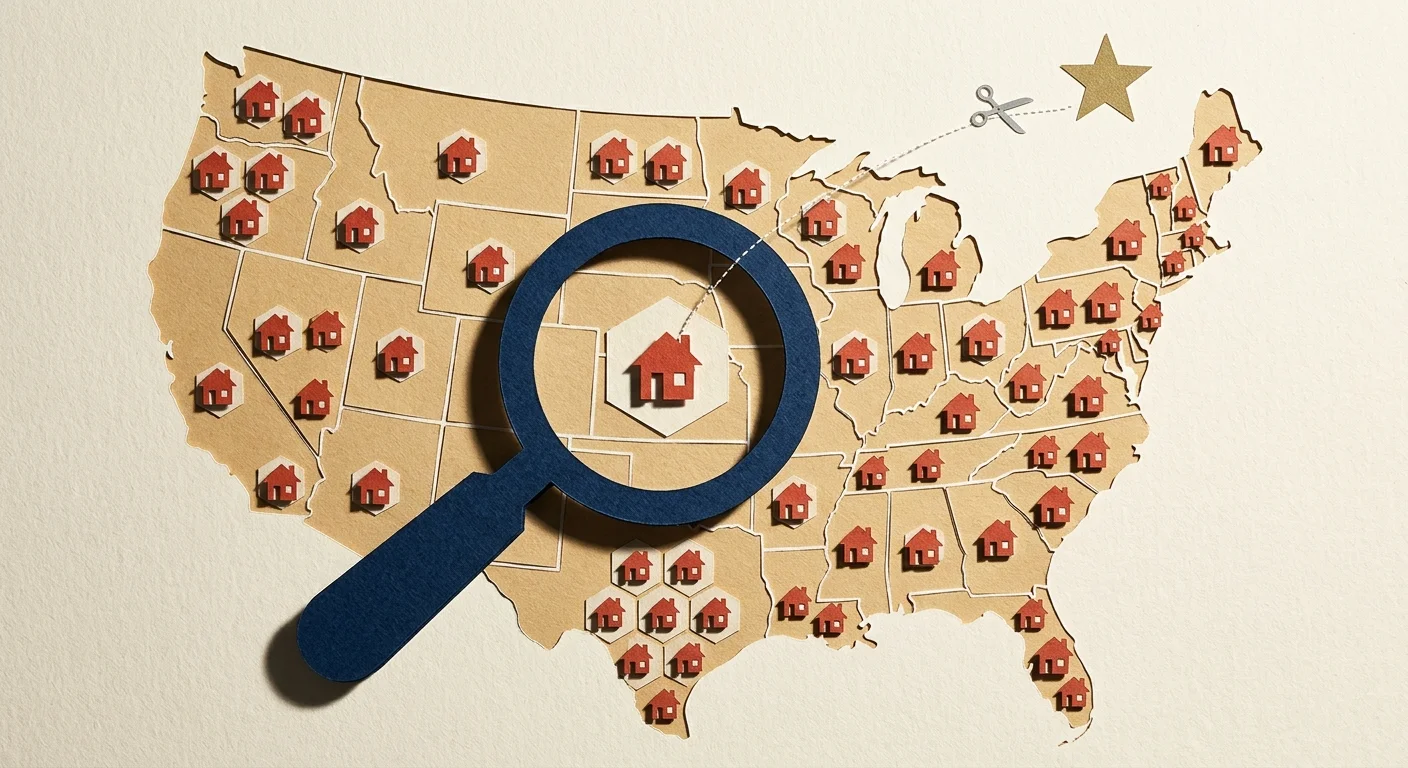A cut-paper collage showing a map of the US divided into isolated hexagonal regions, representing localized insurance networks.