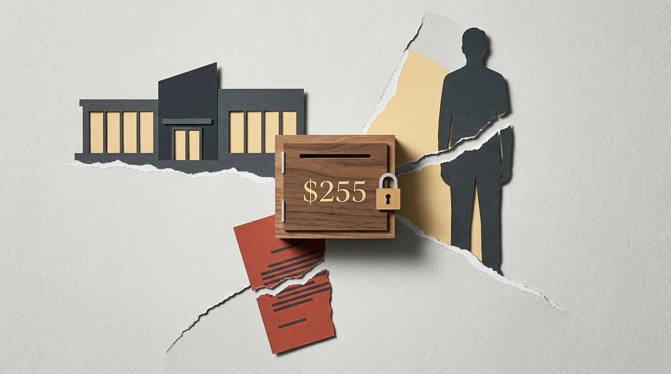 A cut-paper collage showing silhouettes of a funeral home, an adult, and a torn paper separated from a locked box labeled 255.