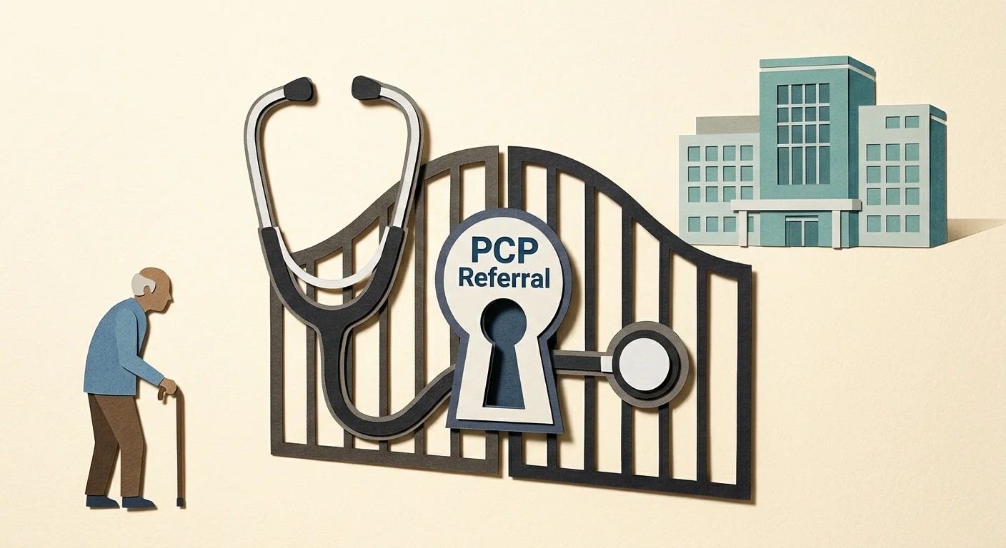 A cut-paper illustration of a stethoscope-shaped gate blocking a patient from reaching a clinic, representing PCP referral barriers.