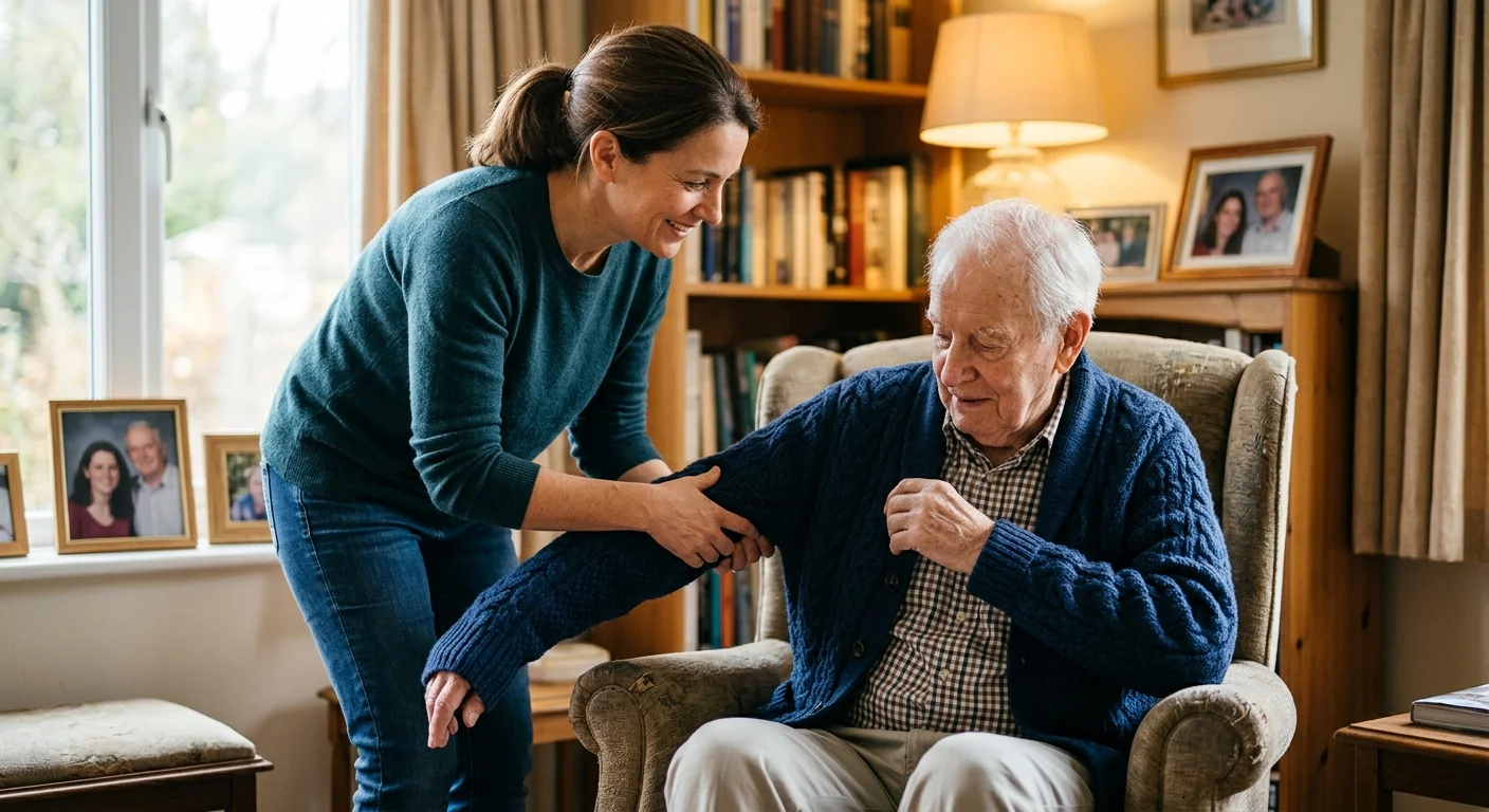 A daughter helps her elderly father put on a cardigan in a cozy, sunlit living room.