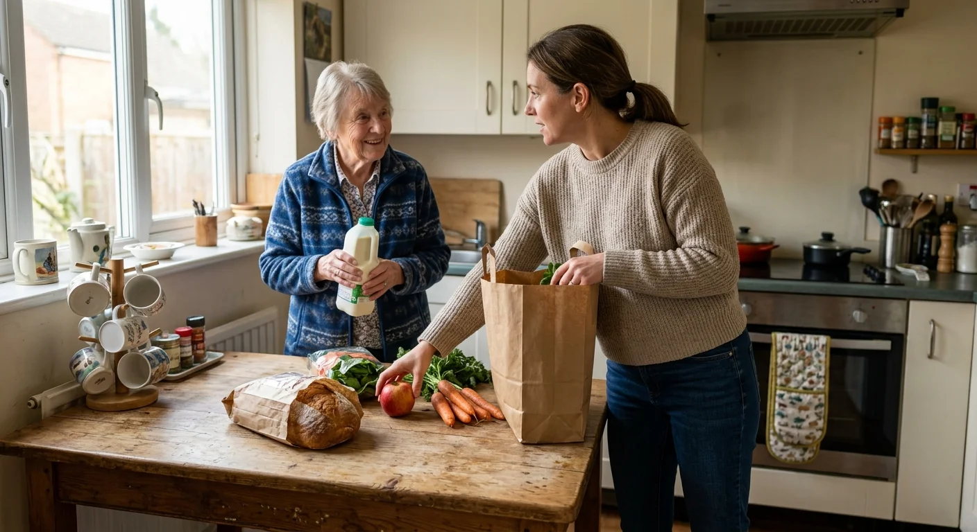 A documentary photo of an adult daughter unpacking groceries onto a kitchen counter next to her smiling elderly mother.