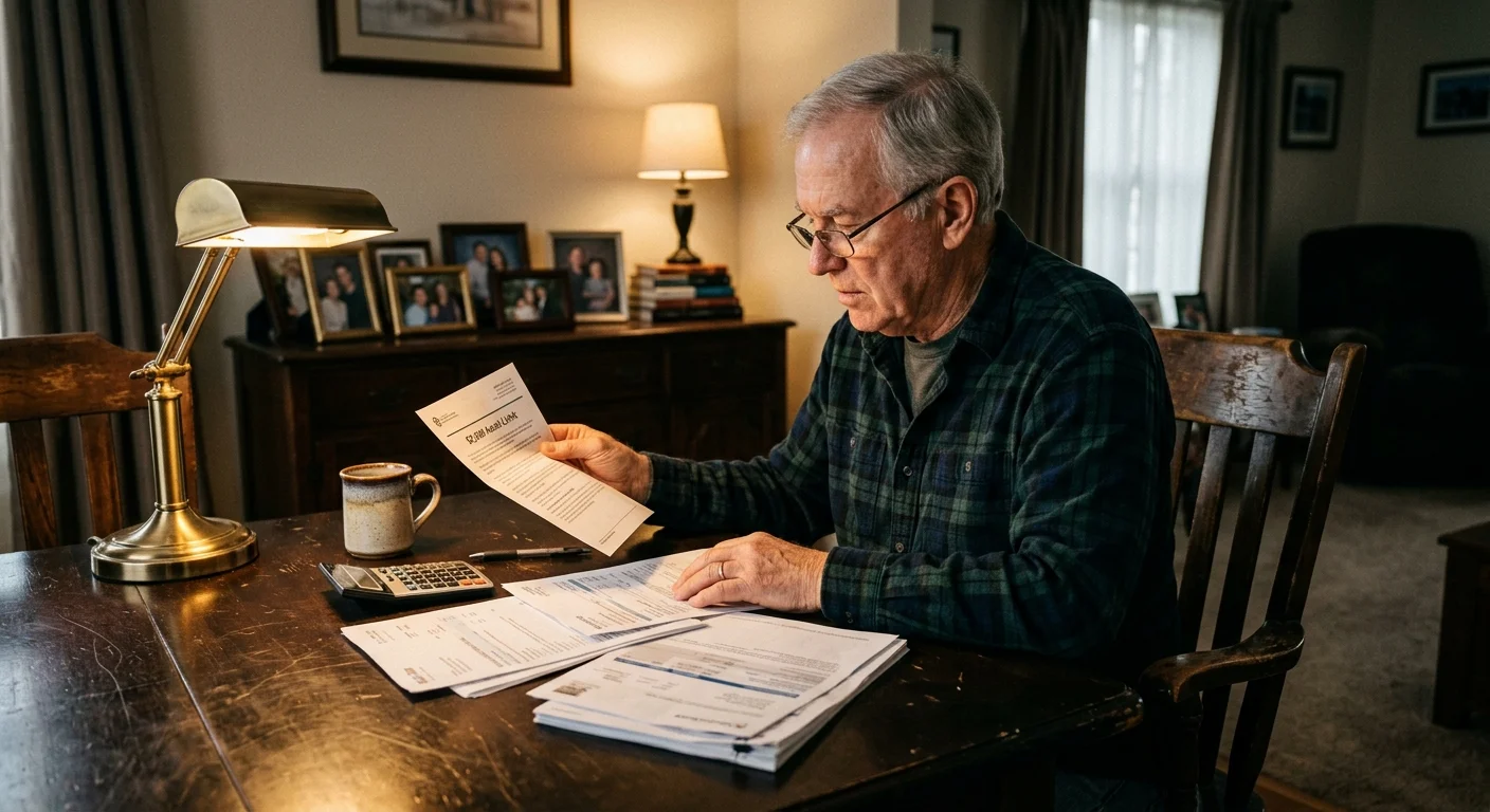 A documentary photo of an elderly man reviewing financial paperwork at his dining table under a warm desk lamp.