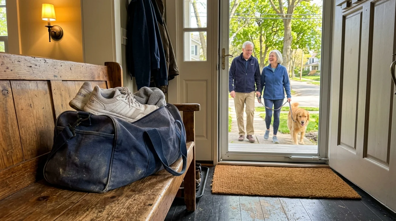A dusty canvas gym bag with white sneakers sits forgotten in an entryway, while outside an active senior couple walks their dog.