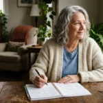 A female retiree sitting at her sunlit dining table with a health planner and pen, reflecting on her retirement healthcare plan.