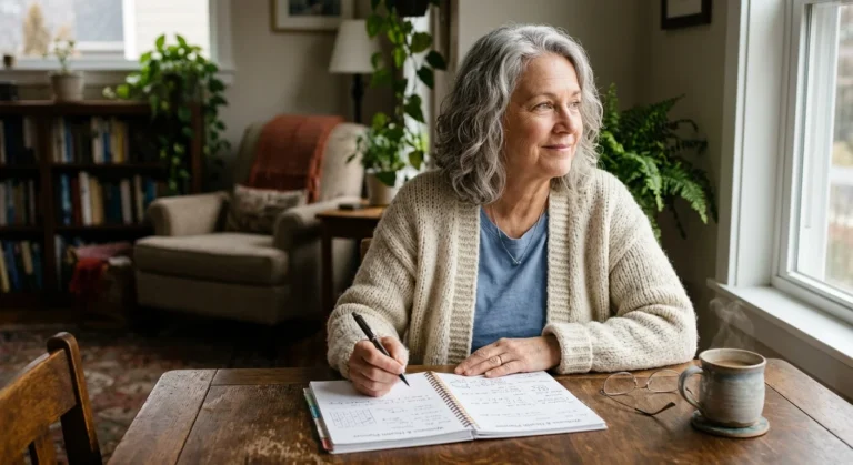 A female retiree sitting at her sunlit dining table with a health planner and pen, reflecting on her retirement healthcare plan.
