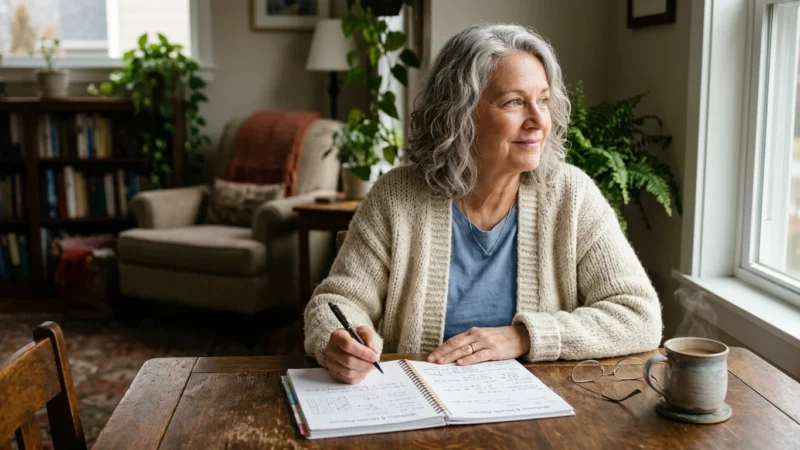 A female retiree sitting at her sunlit dining table with a health planner and pen, reflecting on her retirement healthcare plan.