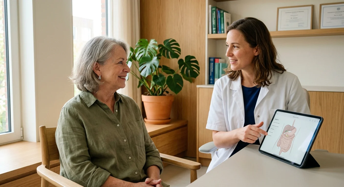A friendly doctor in a sunny, modern clinic explains medical information on a tablet to a relaxed older female patient.