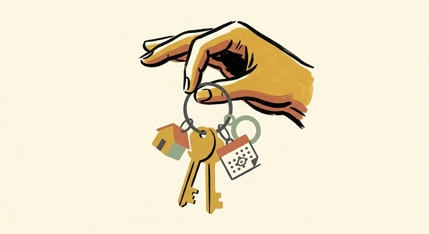 A gouache illustration of a hand holding a key ring with symbolic charms representing major life changes like retirement.