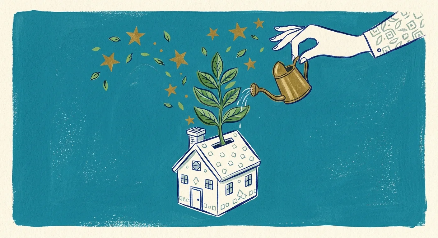 A gouache illustration of a hand watering a green plant growing out of a house-shaped piggy bank, symbolizing strategic tax planning.