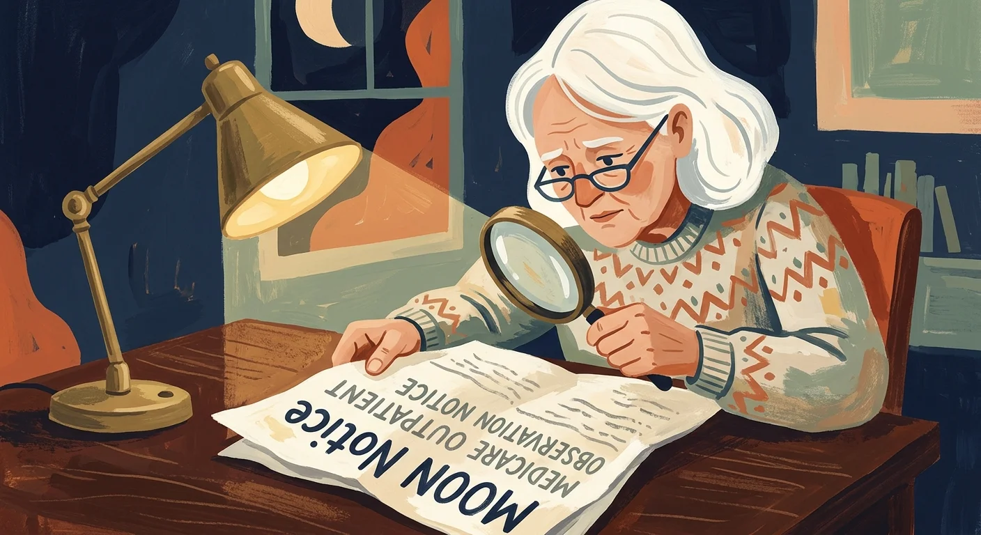 A gouache illustration of a person reviewing a Medicare Outpatient Observation Notice with a magnifying glass.