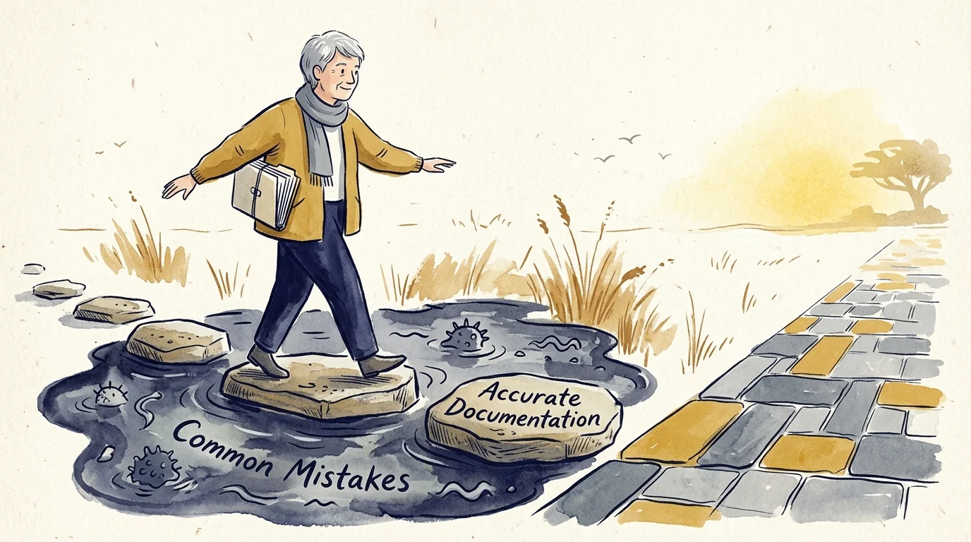 A gouache illustration of a person stepping carefully over a puddle onto a stone marked with accurate documentation.