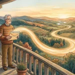 A gouache illustration of a retired couple on a porch looking at a glowing path emerging from an envelope, symbolizing a path forward.