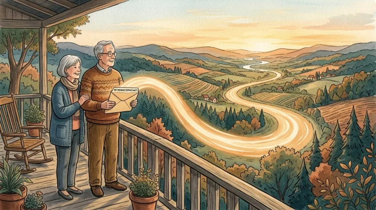 A gouache illustration of a retired couple on a porch looking at a glowing path emerging from an envelope, symbolizing a path forward.