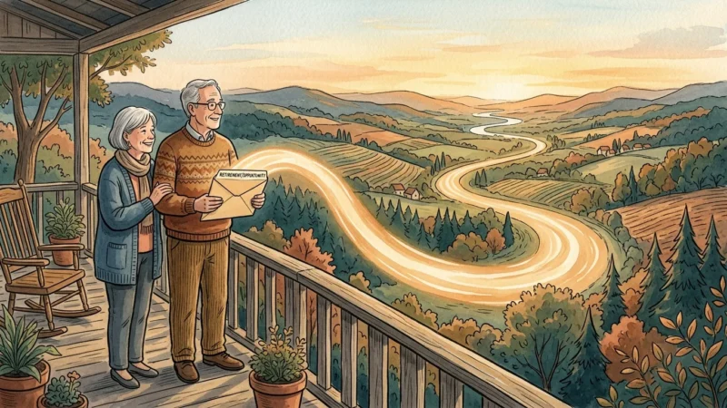 A gouache illustration of a retired couple on a porch looking at a glowing path emerging from an envelope, symbolizing a path forward.