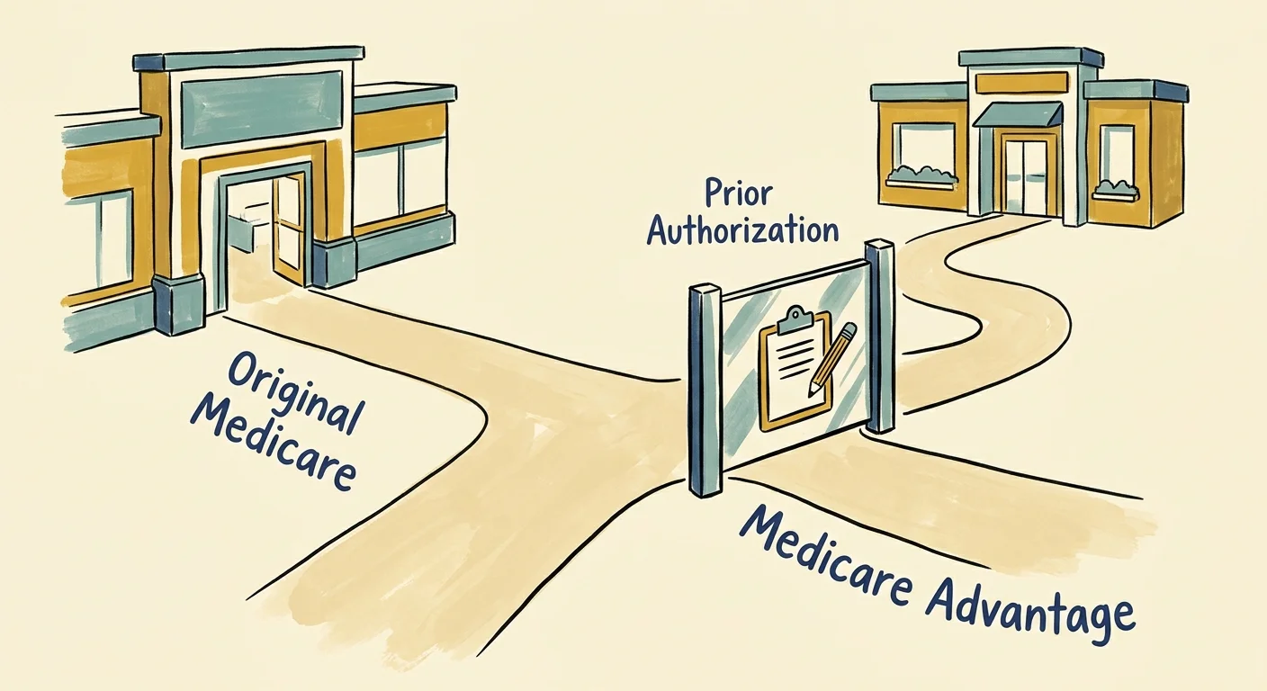 A gouache illustration of two paths representing Original Medicare and Medicare Advantage with a prior authorization gate.