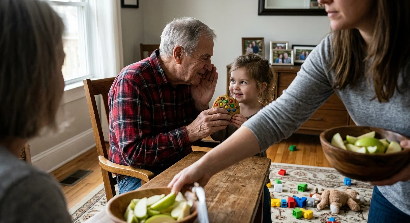 A grandfather secretly hands a cookie to his granddaughter while a bowl of apple slices sits nearby, showcasing a classic rule-bending momen