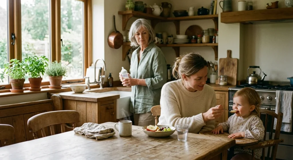 A grandmother stands quietly in a cozy kitchen while her adult daughter feeds a toddler at the table, capturing a subtle family moment.