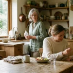 A grandmother stands quietly in a cozy kitchen while her adult daughter feeds a toddler at the table, capturing a subtle family moment.