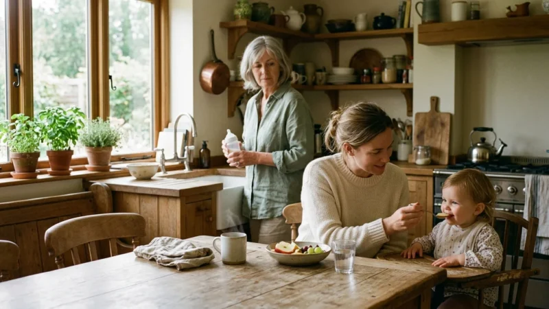 A grandmother stands quietly in a cozy kitchen while her adult daughter feeds a toddler at the table, capturing a subtle family moment.