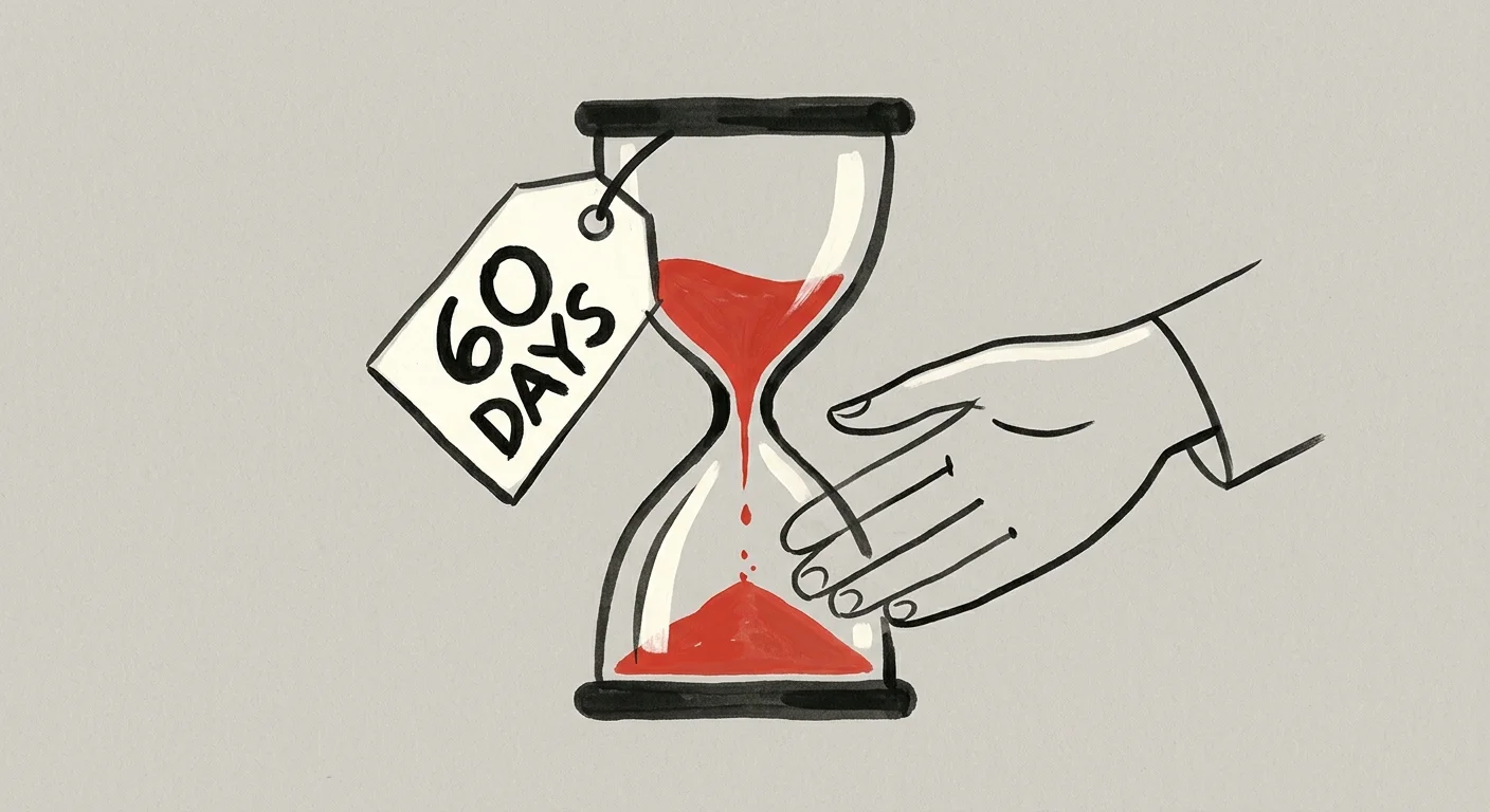 A graphic illustration of an hourglass labeled '60 Days' with red sand, symbolizing the strict appeal deadline.