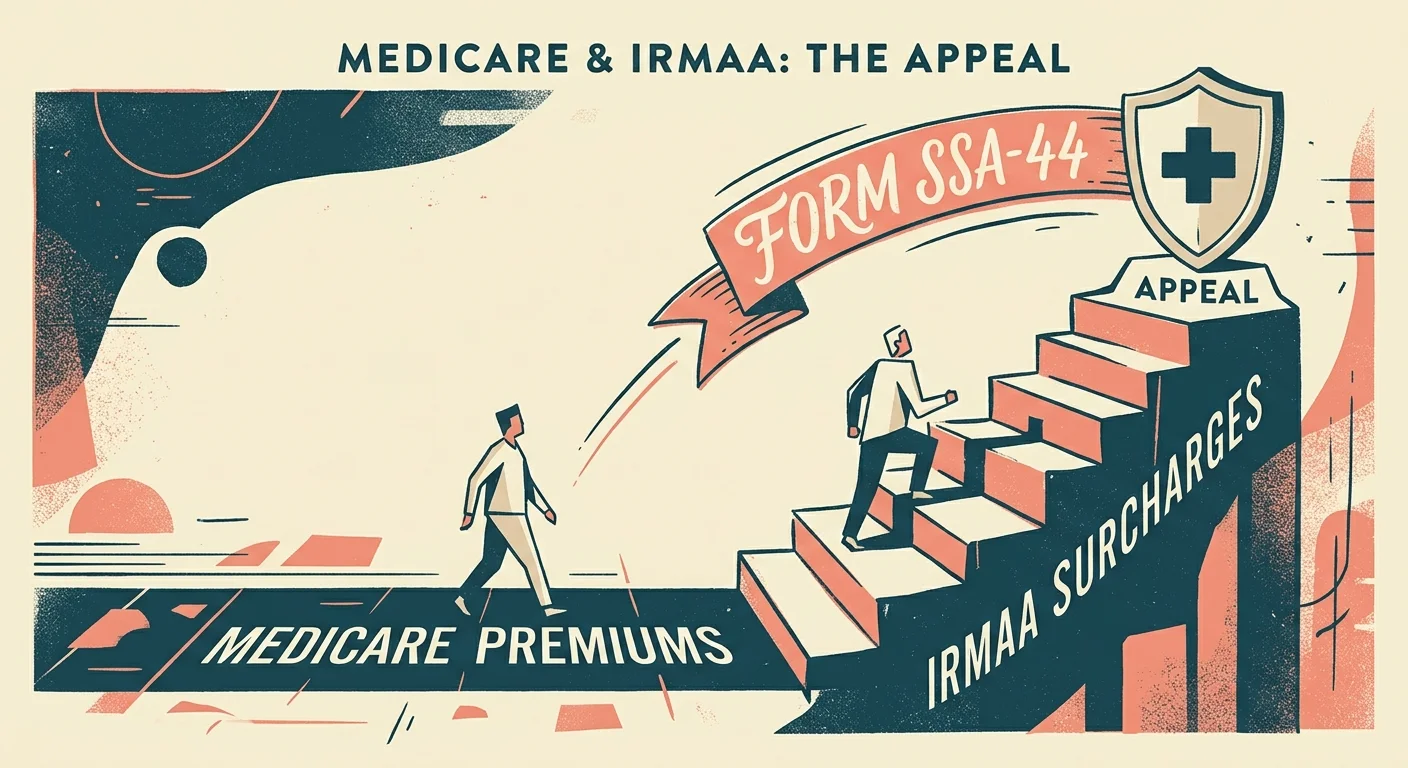 A graphic screenprint illustrating the Medicare IRMAA surcharge staircase and the Form SSA-44 path to lower it.