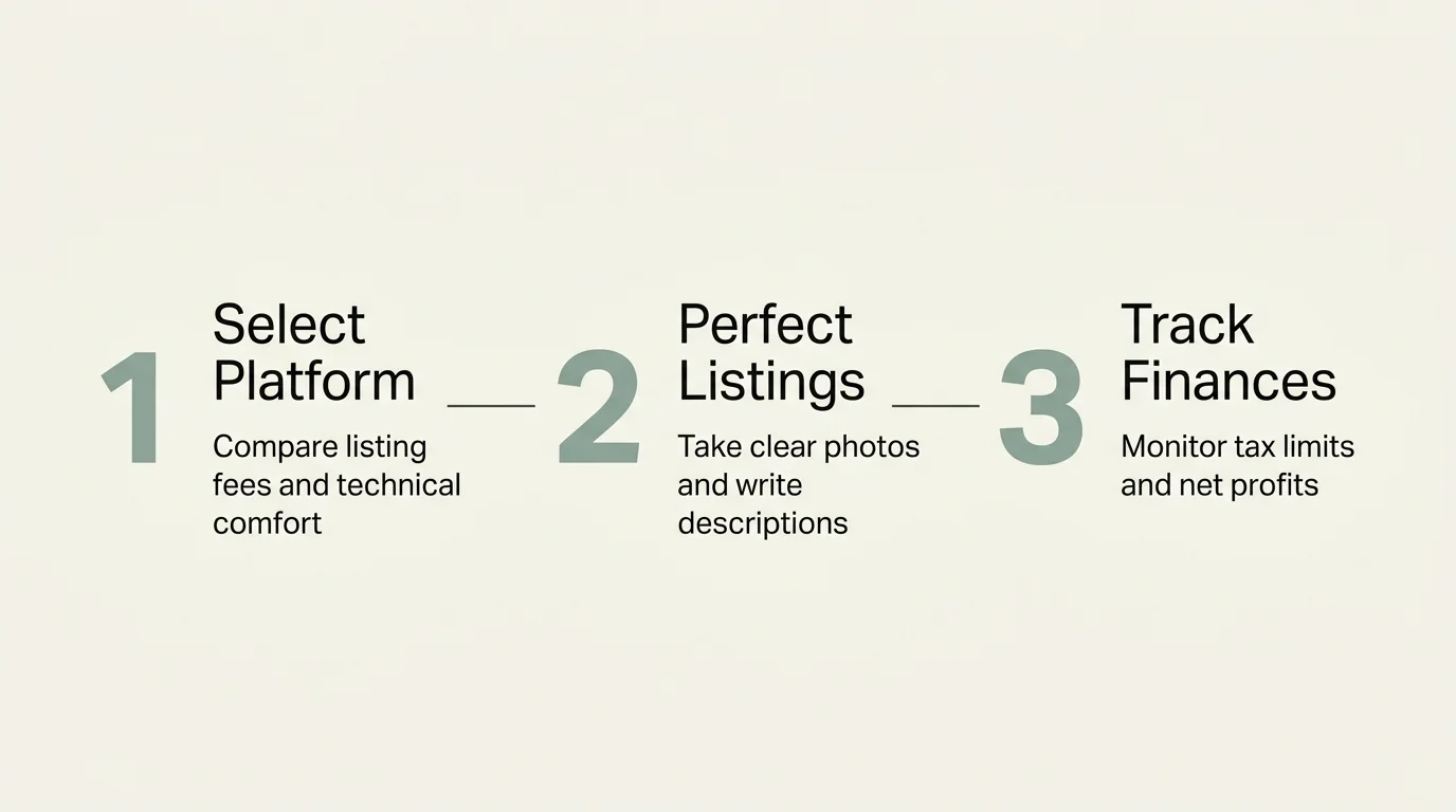 A horizontal 3-step timeline diagram showing the steps: Select Platform, Perfect Listings, and Track Finances.