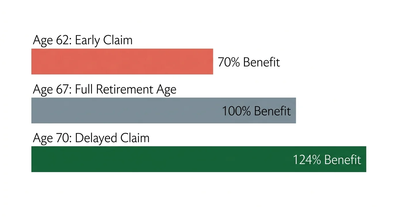 A horizontal bar chart showing Social Security benefits: 70 percent at age 62, 100 percent at age 67, and 124 percent at age 70.