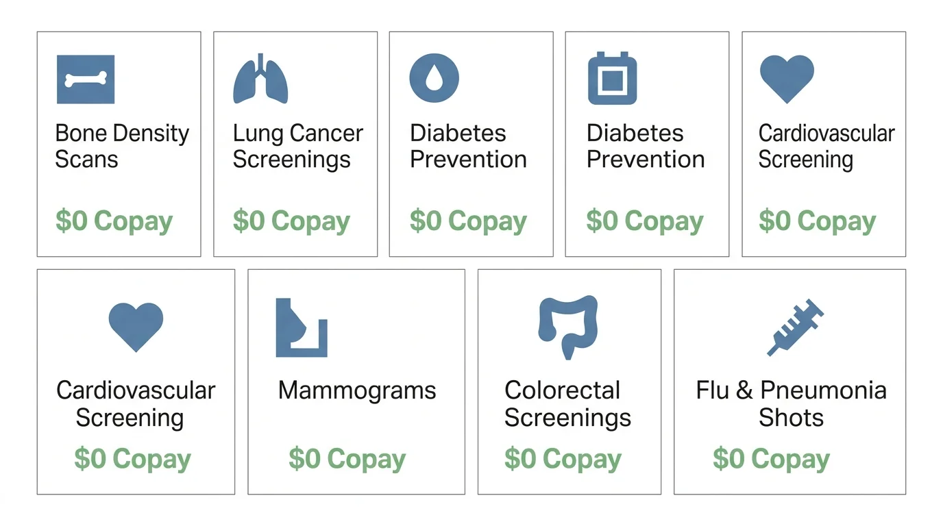 A horizontal card grid highlighting seven free Medicare preventive services including bone density scans, lung cancer screenings, and vaccin