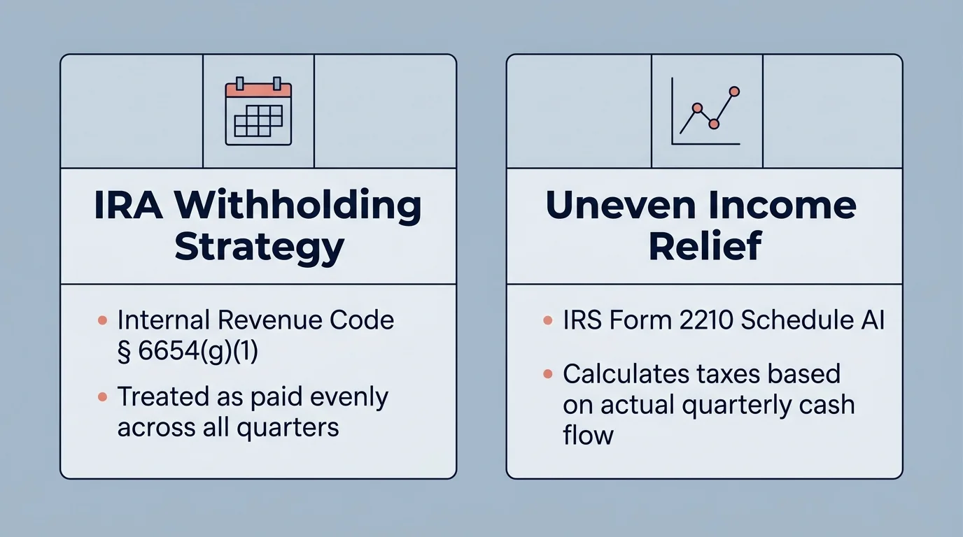 A horizontal comparison infographic showing the IRA Withholding Strategy next to the Uneven Income Relief strategy with key details.
