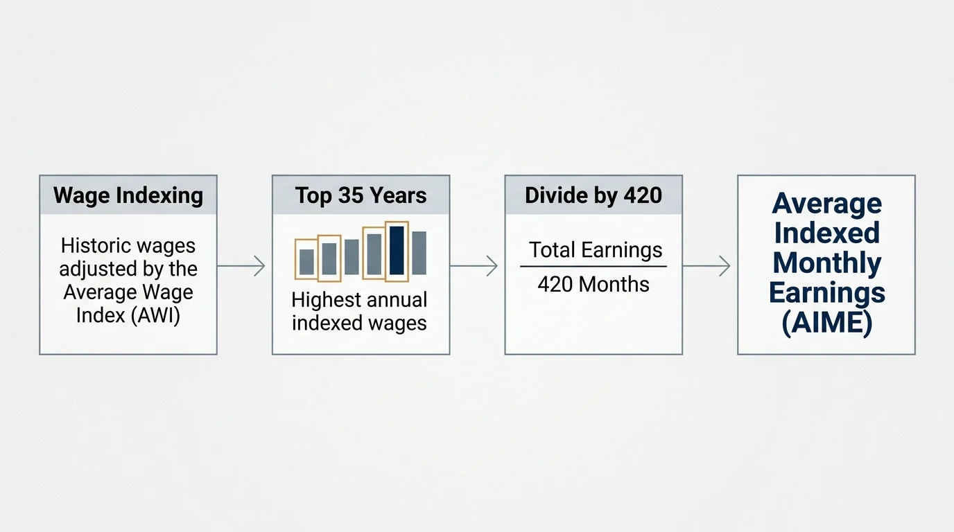 A horizontal flowchart outlining the step-by-step math used to calculate your Average Indexed Monthly Earnings.