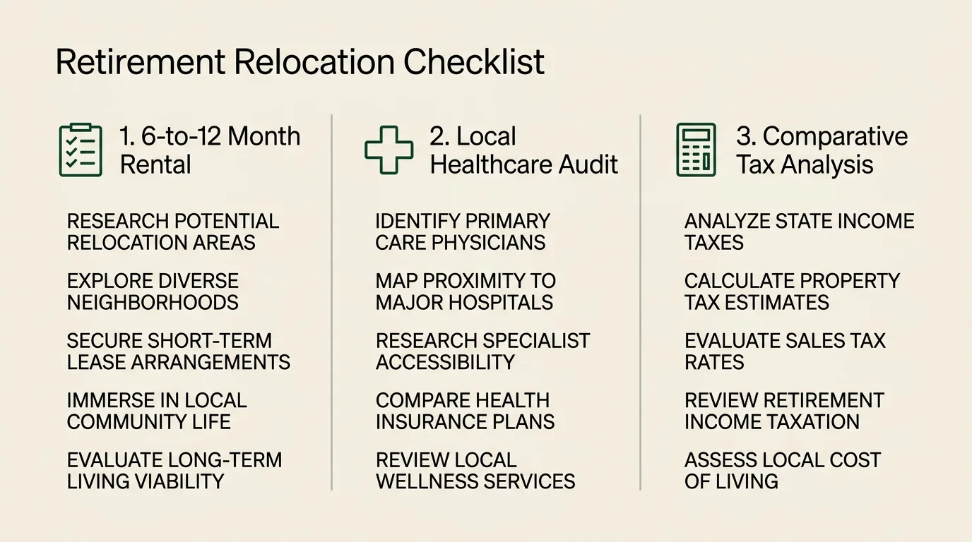 A horizontal minimalist diagram outlining three checklist steps: 6-to-12 Month Rental, Local Healthcare Audit, and Tax Analysis.