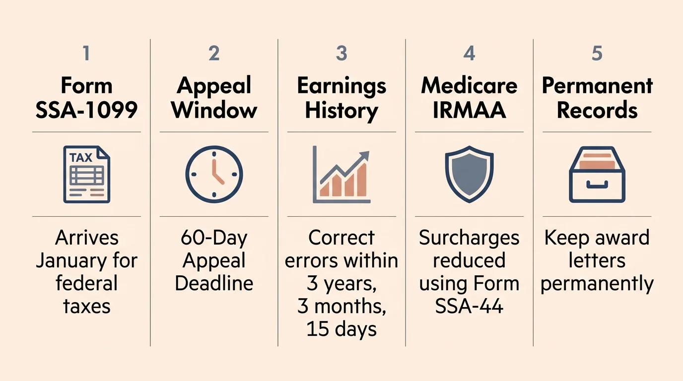 A horizontal minimalist infographic displaying five key Social Security rules, including the 60-day appeal deadline.