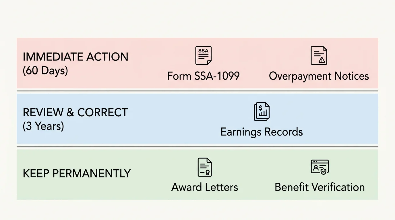 A horizontal retention matrix infographic dividing Social Security notices into Action, Review, and Permanent tracks.