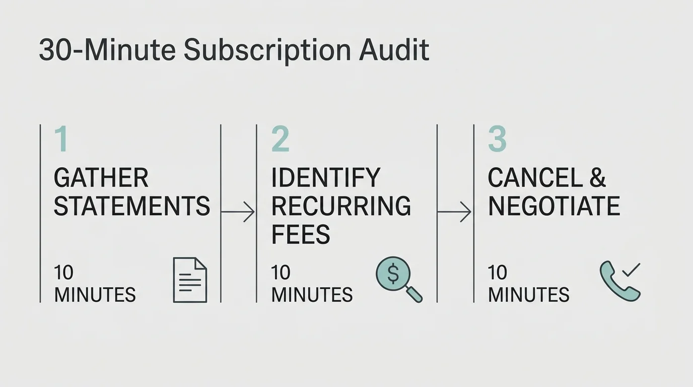 A horizontal three-step flowchart detailing a thirty-minute subscription audit: Gather, Identify, and Cancel.
